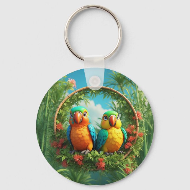 Colourful Cartoon Parrots Key Ring (Front)