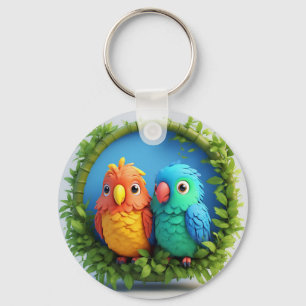 Colourful Cartoon Parrots Key Ring