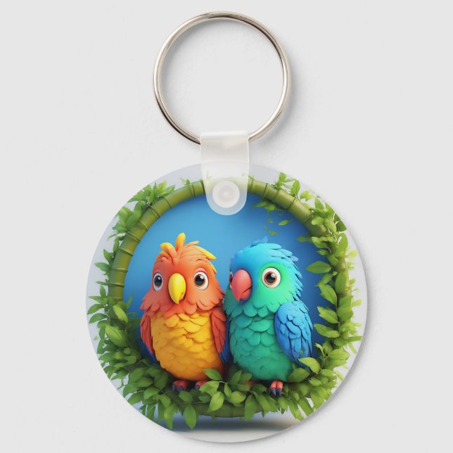 Colourful Cartoon Parrots Key Ring (Front)