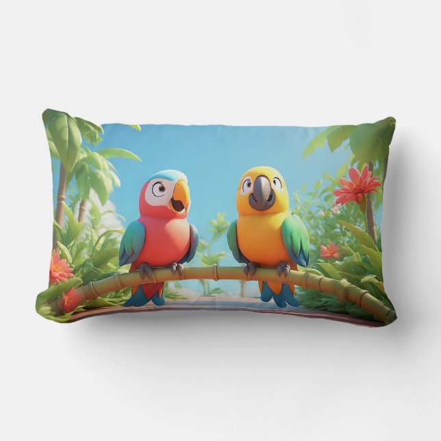 Colourful Cartoon Parrots Lumbar Cushion (Front)