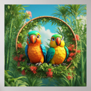 Colourful Cartoon Parrots Poster