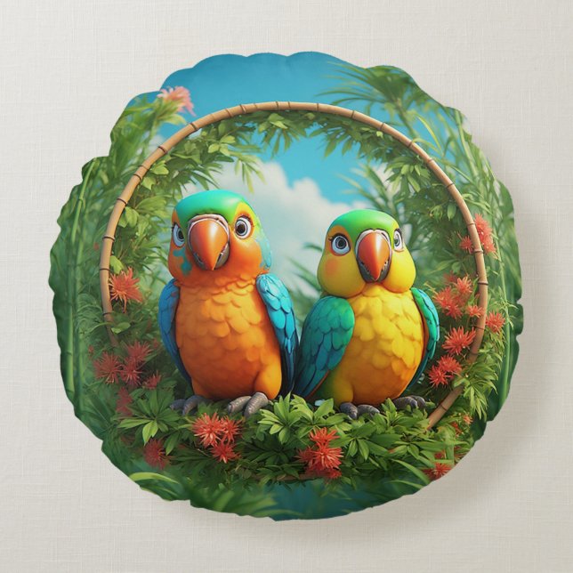 Colourful Cartoon Parrots Round Cushion (Front)