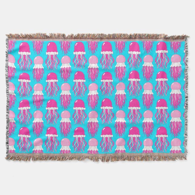 Colourful Cartoon Pink Jellyfish Pattern Throw Blanket (Front)