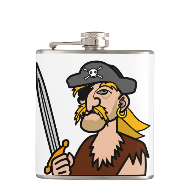 Colourful Cartoon Pirate with Sword Hip Flask (Front)