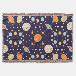 Colourful Cartoon Planets and Stars Throw Blanket