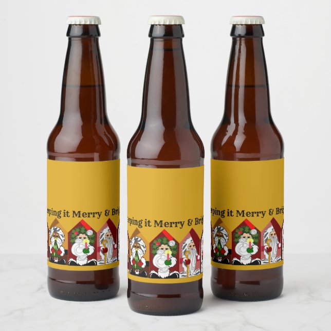 Colourful Cartoon Santas Customisable Beer Bottle Label (Bottles)
