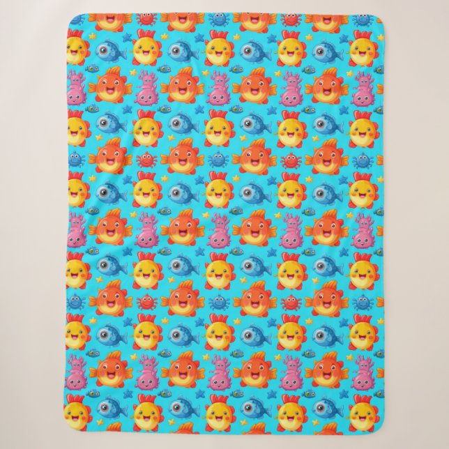 Colourful Cartoon Sea Creatures Pattern Sherpa Blanket (Front)