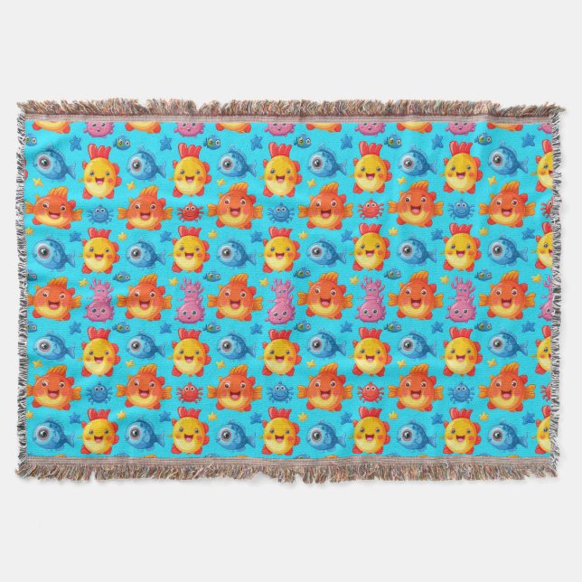 Colourful Cartoon Sea Creatures Pattern Throw Blanket (Front)