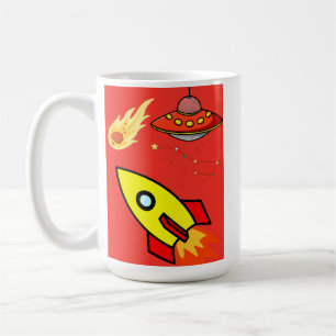 Colourful Cartoon Space Adventure Rocket, UFO Coffee Mug