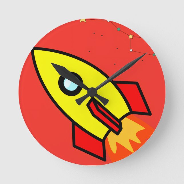 Colourful Cartoon Space Adventure Rocket, UFO  Round Clock (Front)