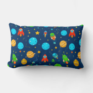 Colourful Cartoon Space Theme with Rockets, Planet Lumbar Cushion