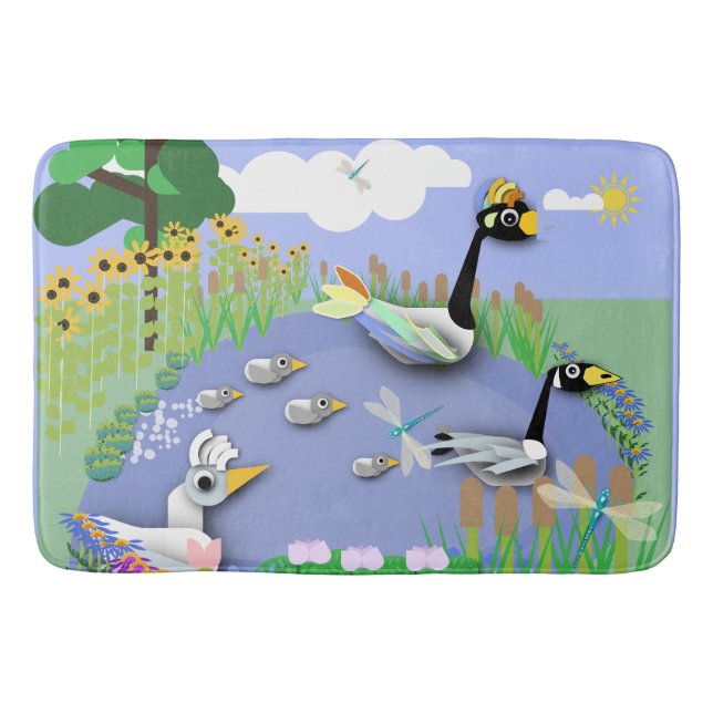 Colourful cartoon style pond with geese and ducks bath mat (Front)