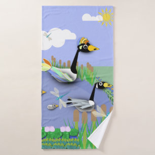 Colourful cartoon style pond with geese and ducks bath towel
