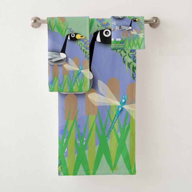 Colourful cartoon style pond with geese and ducks bath towel set (Insitu)