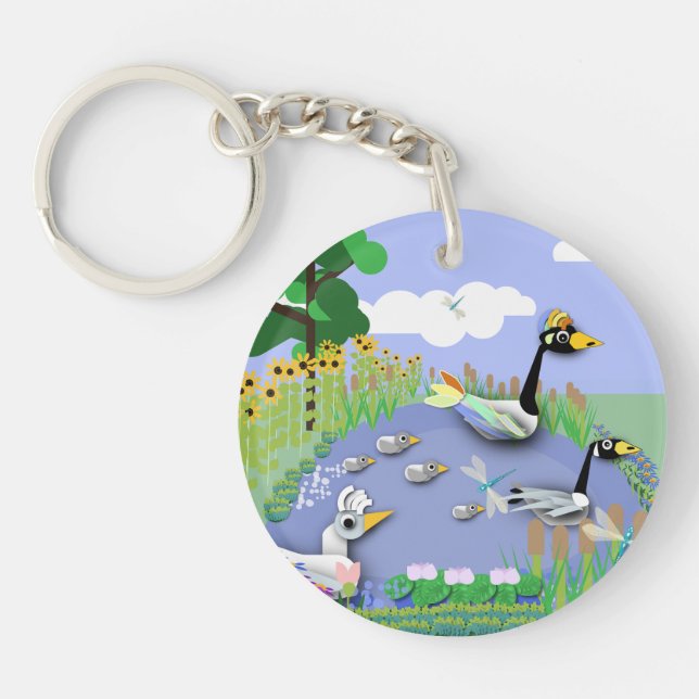 Colourful cartoon style pond with geese and ducks key ring (Front)