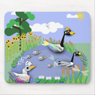 Colourful cartoon style pond with geese and ducks mouse pad