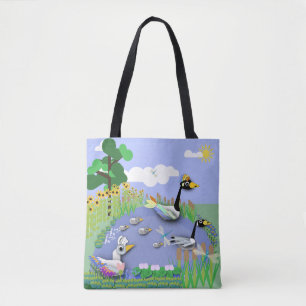 Colourful cartoon style pond with geese and ducks tote bag