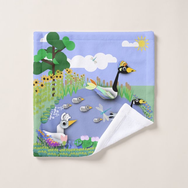 Colourful cartoon style pond with geese and ducks wash cloth (Wash Cloth)