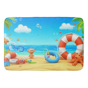 Colourful Cartoon Tropical Beach Scene Bath Mat