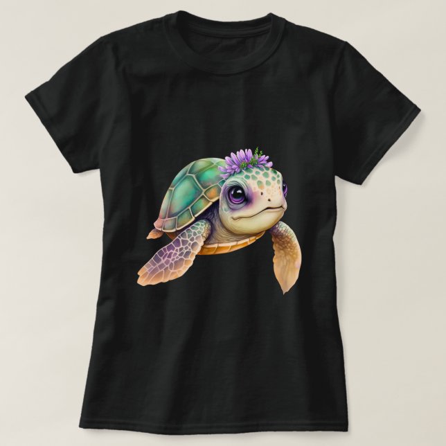 Colourful Cartoon Turtle With Floral Crown  T-Shirt (Design Front)