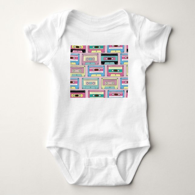 Colourful cassettes, pink background pattern. baby bodysuit (Front)