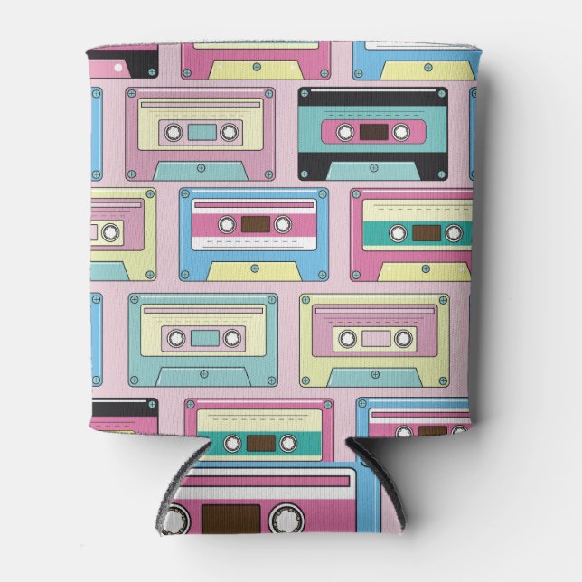 Colourful cassettes, pink background pattern. can cooler (Front)