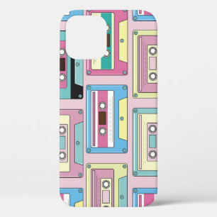 Colourful cassettes, pink background pattern. iPhone 12 case
