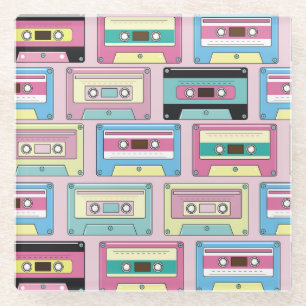 Colourful cassettes, pink background pattern. glass coaster