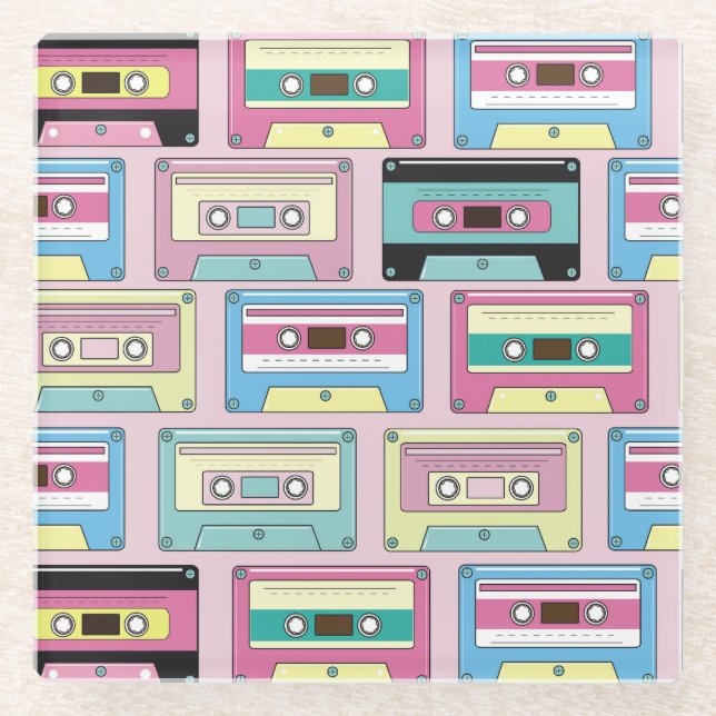 Colourful cassettes, pink background pattern. glass coaster (Front)