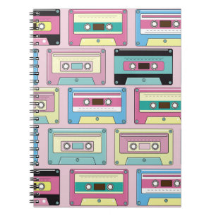 Colourful cassettes, pink background pattern. notebook
