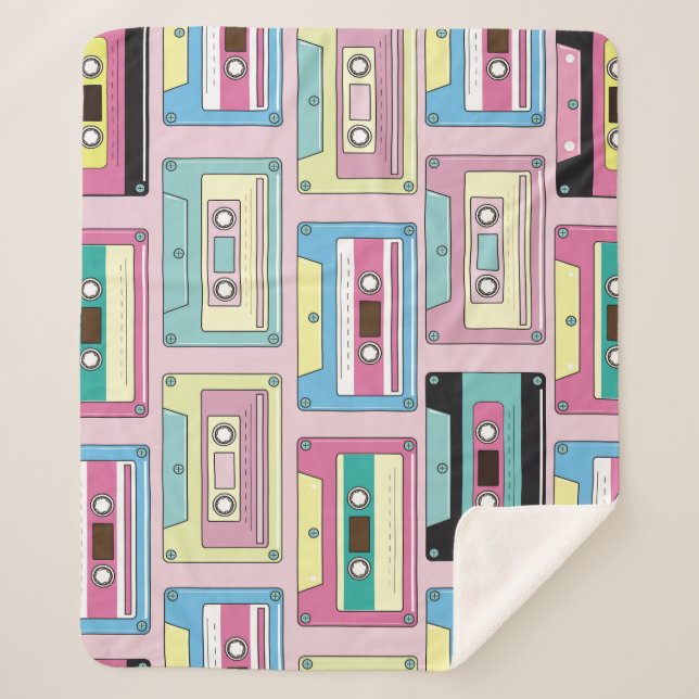 Colourful cassettes, pink background pattern. sherpa blanket (Front)