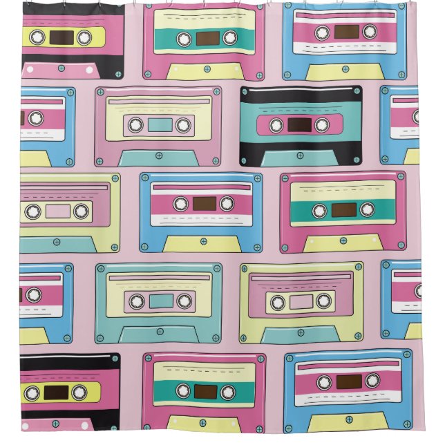 Colourful cassettes, pink background pattern. shower curtain (Front)