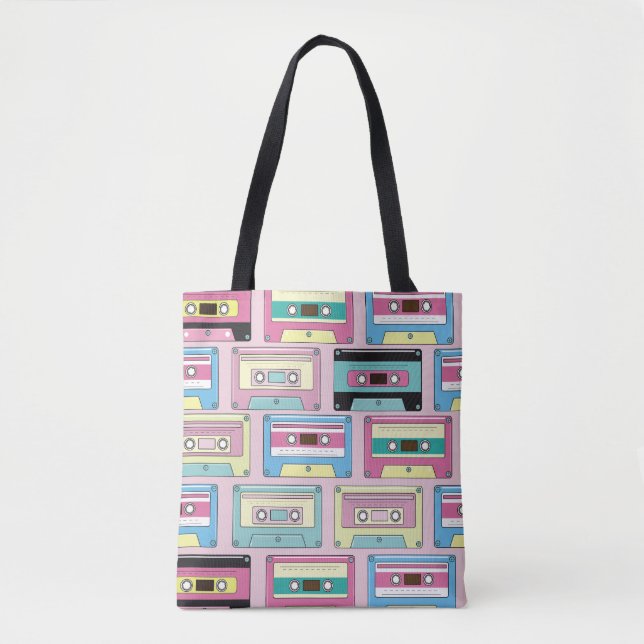 Colourful cassettes, pink background pattern. tote bag (Front)