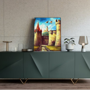 Colourful Castle Courtyard with Village Poster