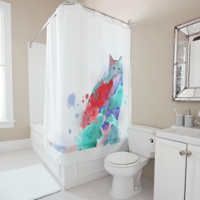 Colourful Cat 609 red turquoise Shower Curtain (In Situ)
