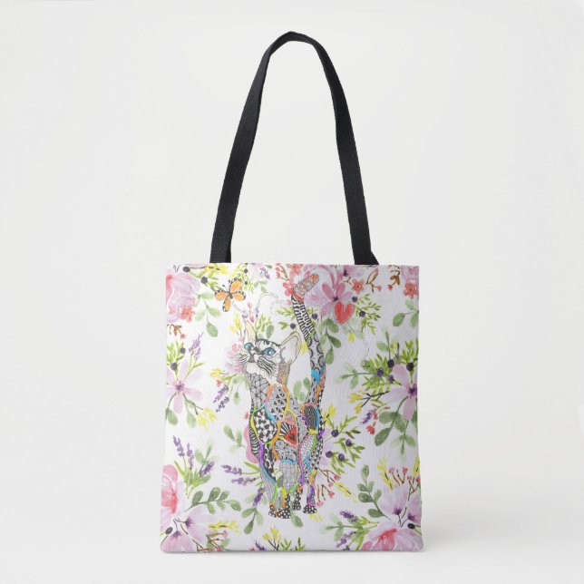 Colourful Cat and Butterfly Floral Tote Bag (Front)