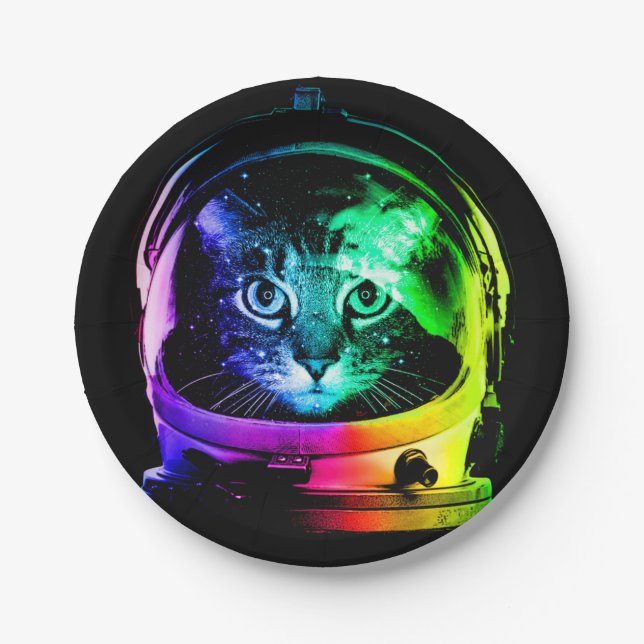 Colourful cat astronaut paper plate (Front)