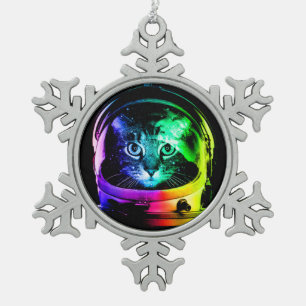 Colourful cat astronaut snowflake pewter christmas ornament