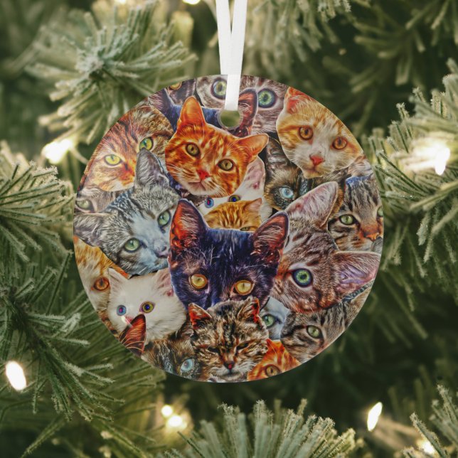 Colourful Cat Collage Glass Tree Decoration (Insitu)