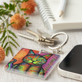 Colourful Cat Custom Name Key Ring