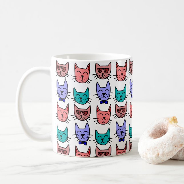 Colourful Cat Doodle Faces Ceramic Mugs 11oz /15 o (With Donut)