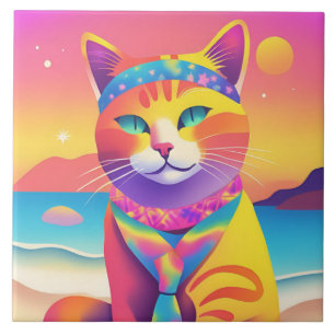Colourful Cat Drawing Decorative Tile