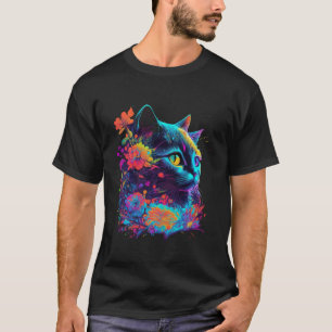 Colourful Cat Face Flower Psychedelic Art T-Shirt