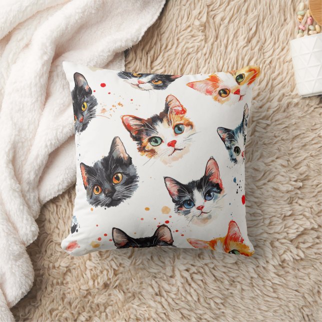 Colourful Cat Faces Pattern Decorative Pillow  (Blanket)