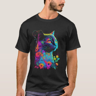 Colourful Cat Flower Psychedelic Art T-Shirt