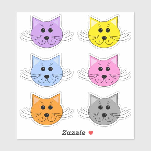 Colourful Cat Head Faces Cute Cartoon Set of 6 (Sheet)