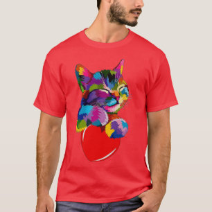 Colourful Cat Hugging Heart T-Shirt