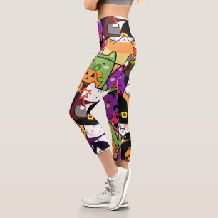Colourful cat in halloween costume pattern capri leggings