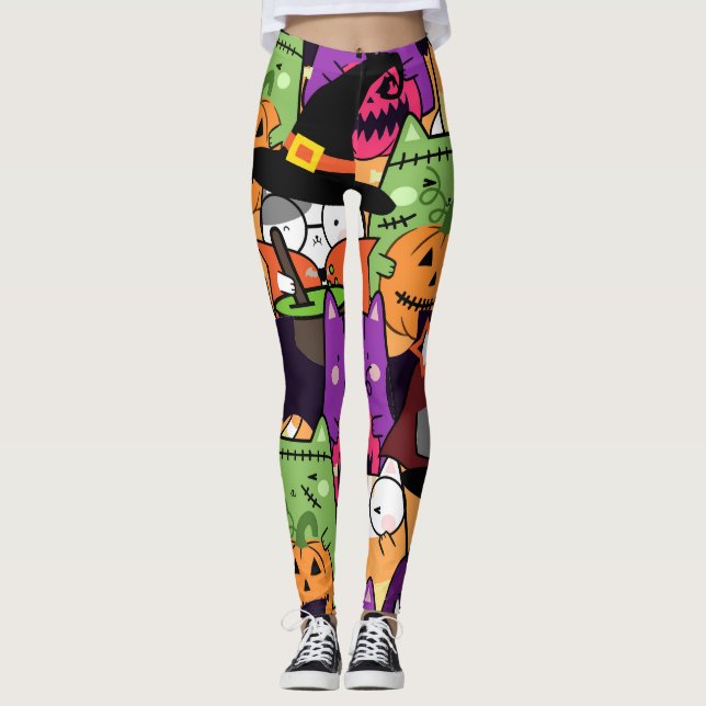 Colourful cat in halloween costume pattern leggings (Front)