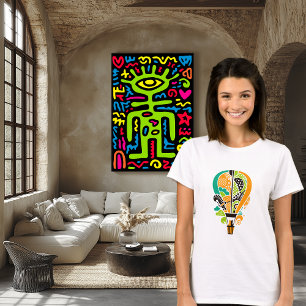 Colourful Cat in Hot Air Balloon Art T-Shirt